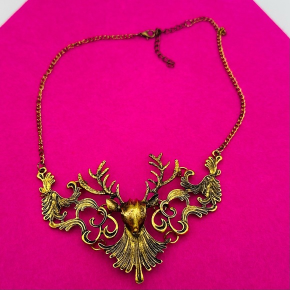 Stag of the Woods Deer Gold Tone statement necklace - Picture 7 of 13